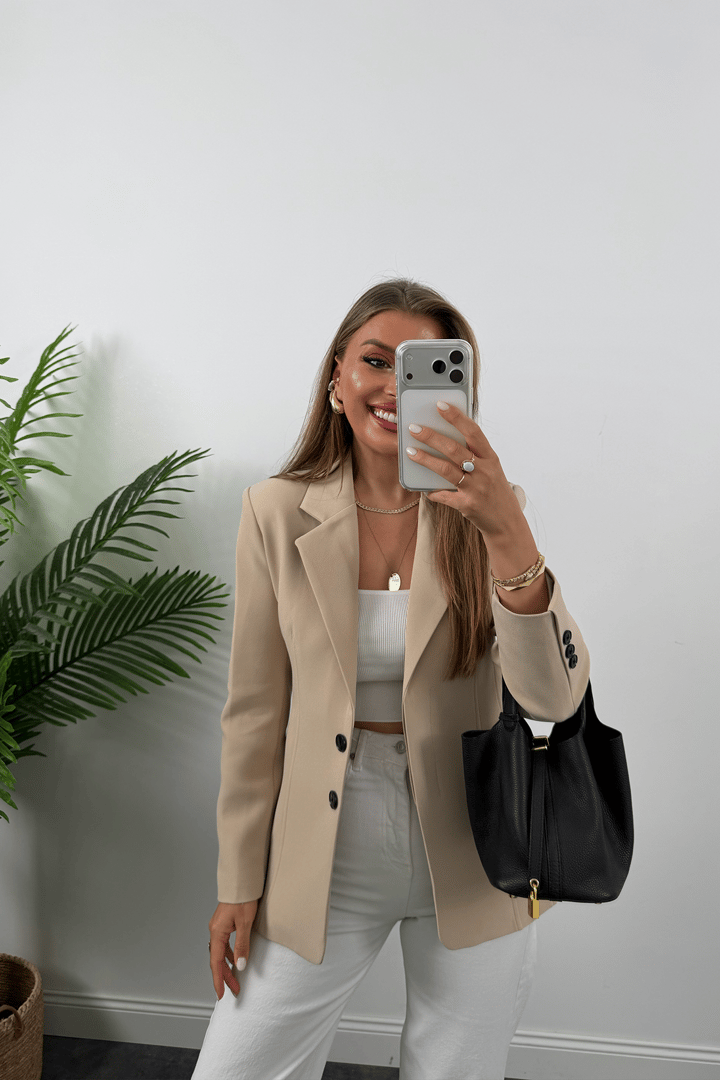 Premium Seri Pensli Kemerli Oturtma Blazer Ceket Taş