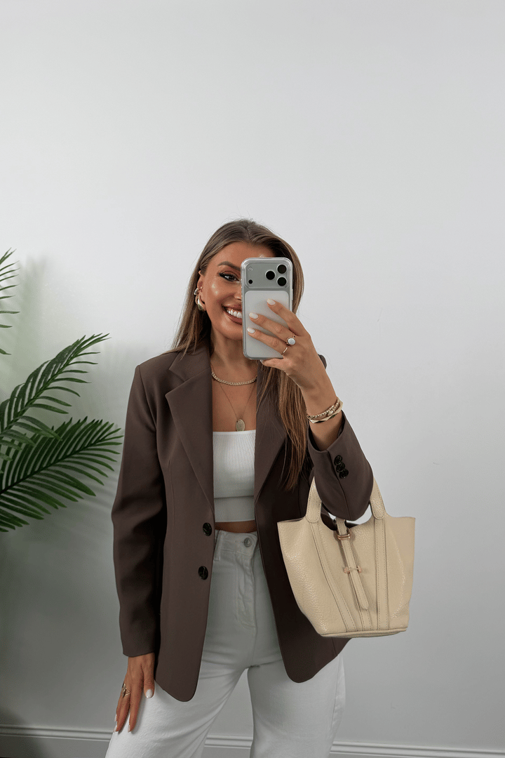 Premium Seri Pensli Kemerli Oturtma Blazer Ceket Koyu Kahve