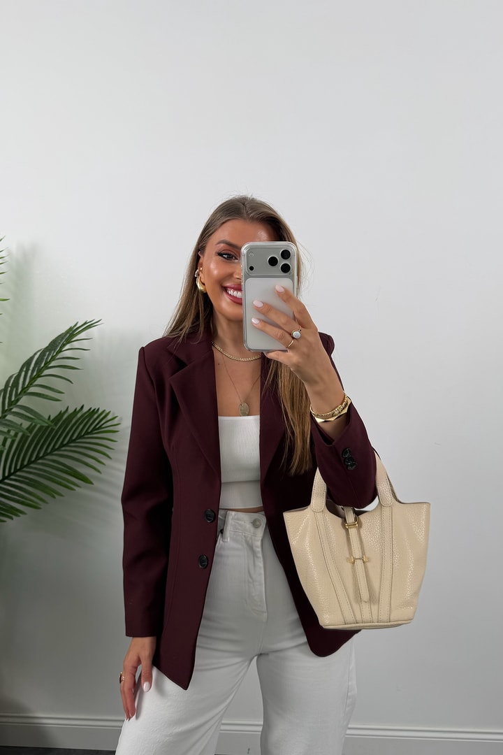 Premium Seri Pensli Kemerli Oturtma Blazer Ceket Mürdüm