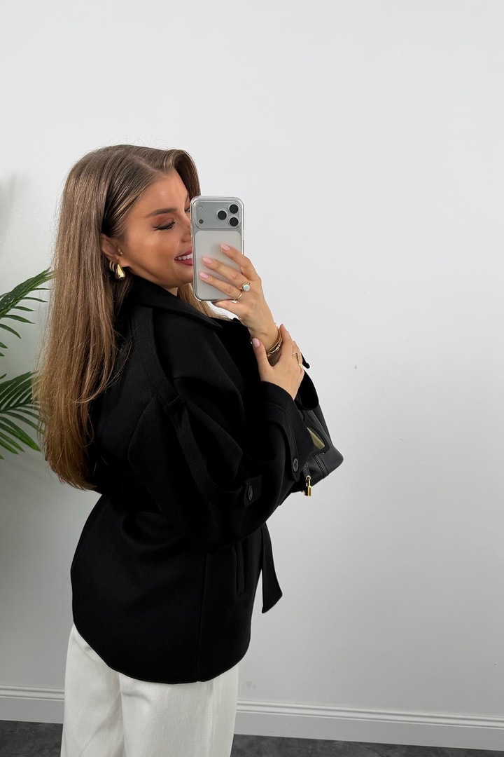 Premium Seri Pinterest Apoletli Kalın Kaşe Kaban Siyah