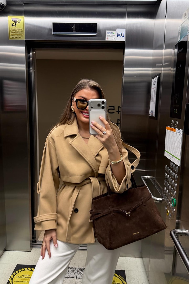 Premium Seri Pinterest Apoletli Kalın Kaşe Kaban Camel
