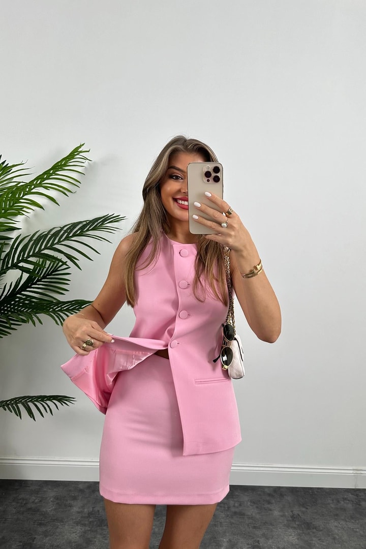 Premium Seri Pinterest Model Etek Yelek Takım Pembe