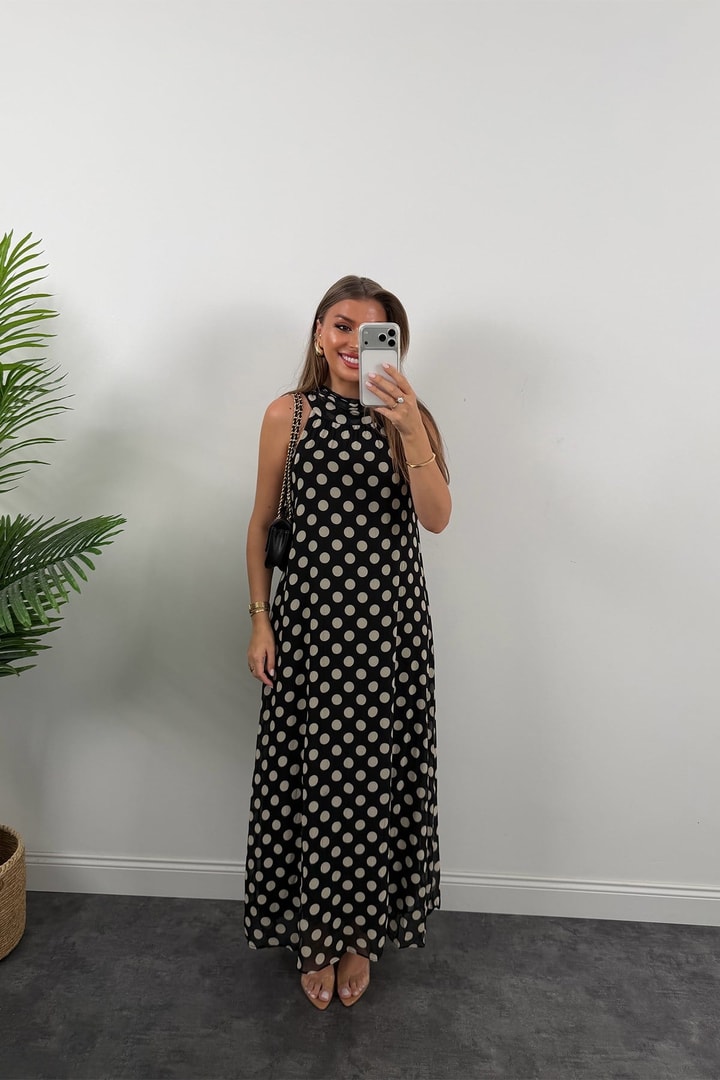 Premium Seri Puantiyeli Maxi Şifon Elbise
