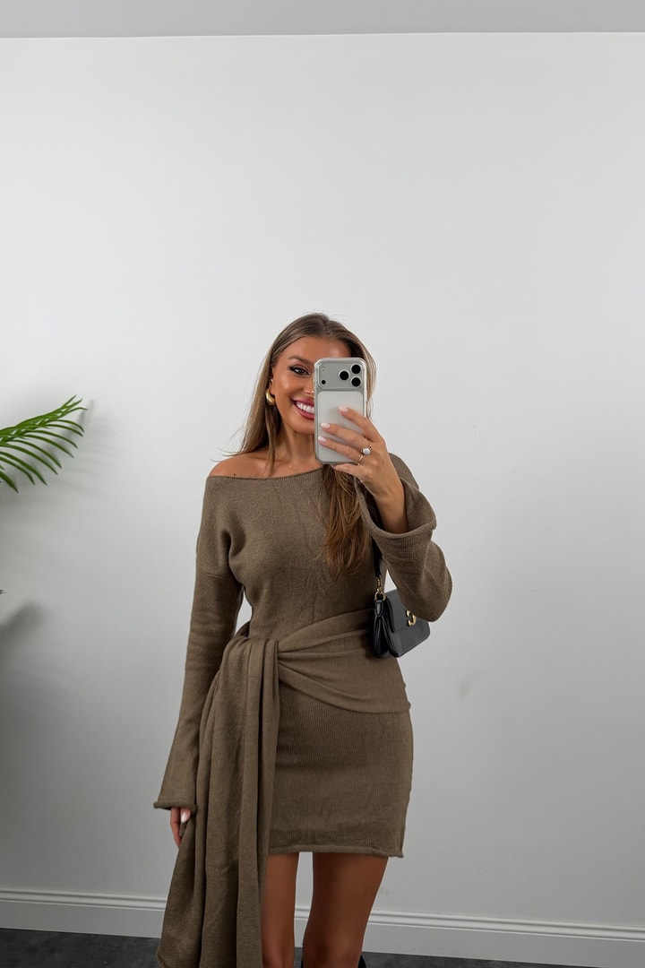Premium Seri Şallı Yumoş Triko Elbise Vizon