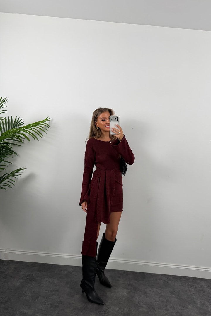 Premium Seri Şallı Yumoş Triko Elbise Bordo