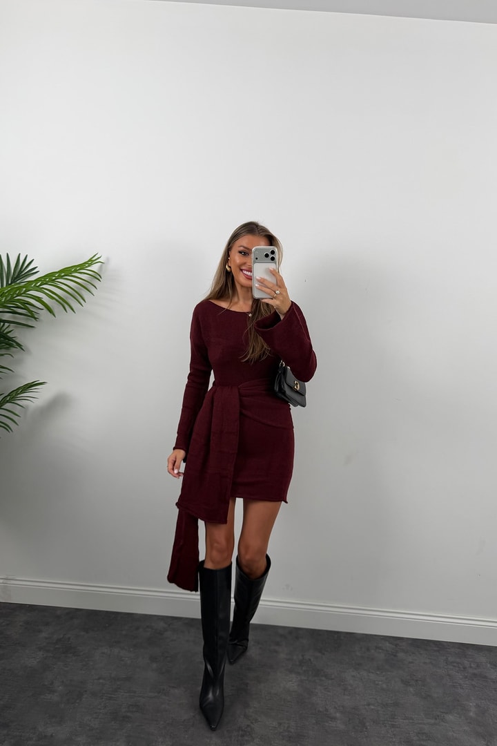 Premium Seri Şallı Yumoş Triko Elbise Bordo