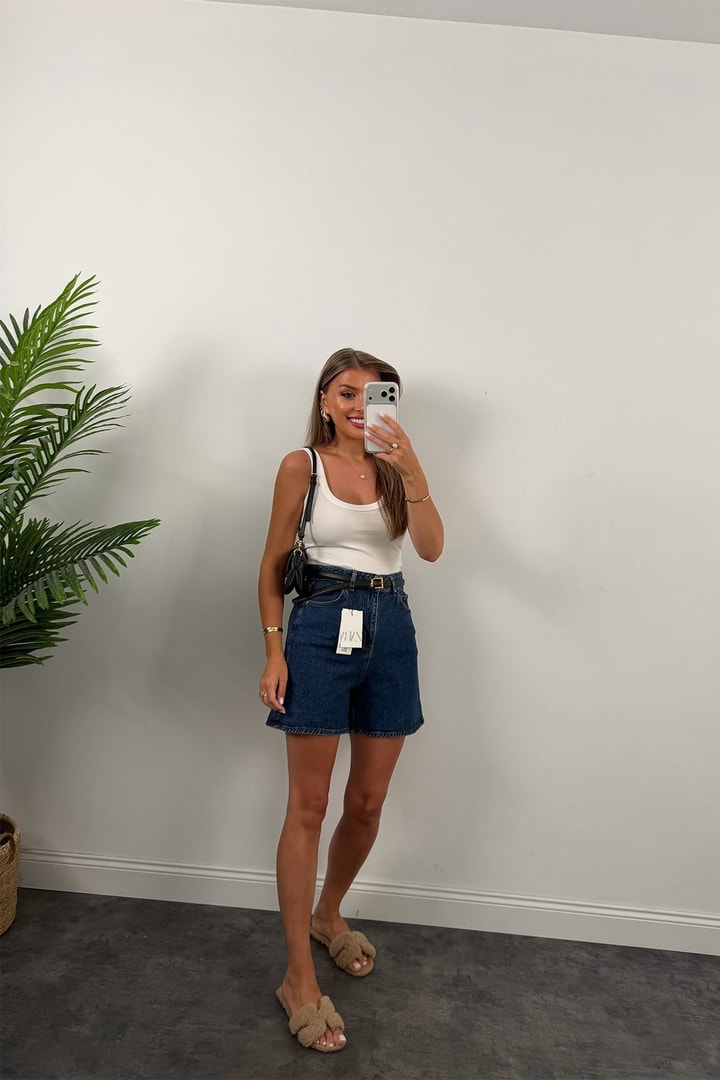 Premium Seri Şehir Boy Yüksek Bel Mom Şort 1020 Mavi