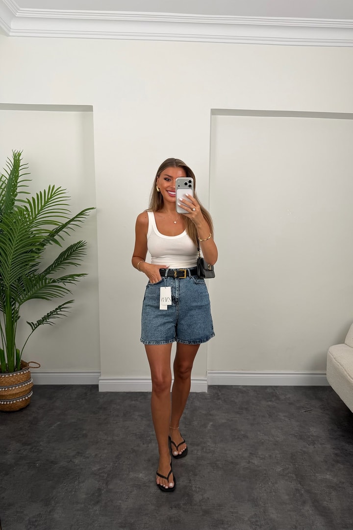 Premium Seri Şehir Boy Yüksek Bel Mom Şort 1004 Klasik Mavi