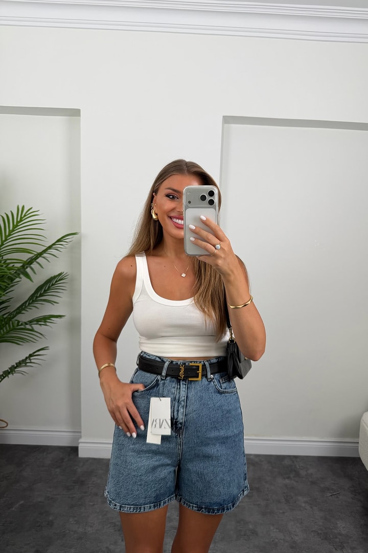 Premium Seri Şehir Boy Yüksek Bel Mom Şort 1004 Klasik Mavi