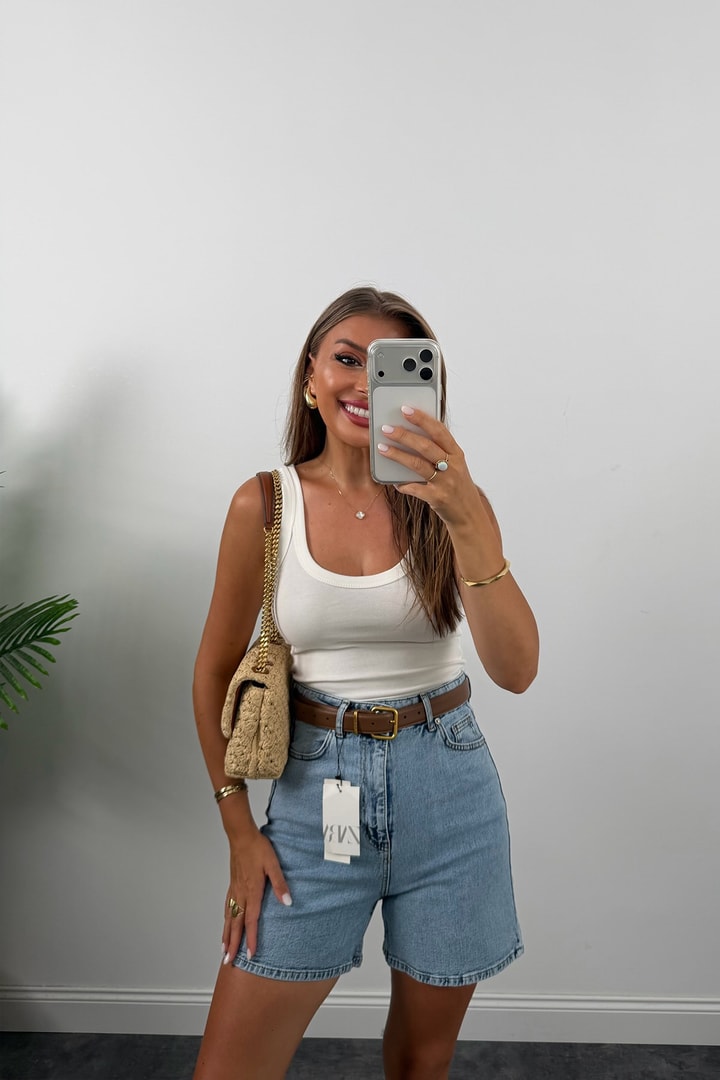 Premium Seri Şehir Boy Yüksek Bel Mom Şort 501 Mavi 1006