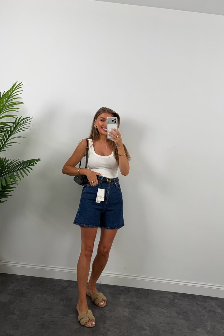 Premium Seri Şehir Boy Yüksek Bel Mom Şort 1020 Mavi