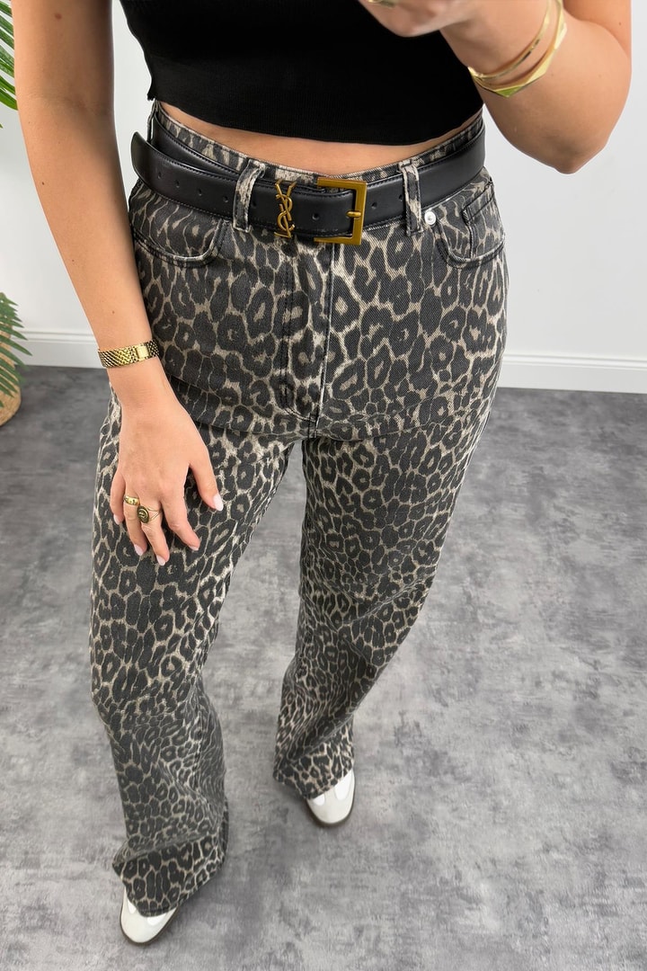 Premium Seri Soluk Efekt Leopar Desen Bol Paça Yüksel Bel Jean