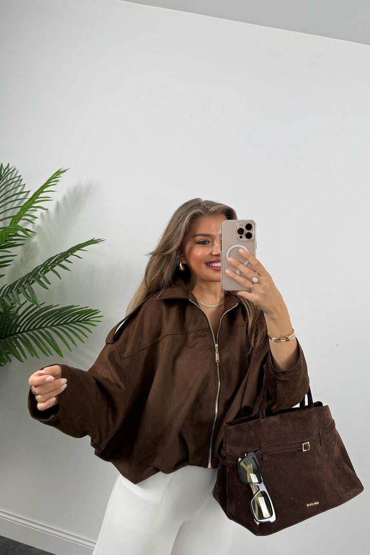 Premium Seri Süet Bomber Ceket Acı Kahve