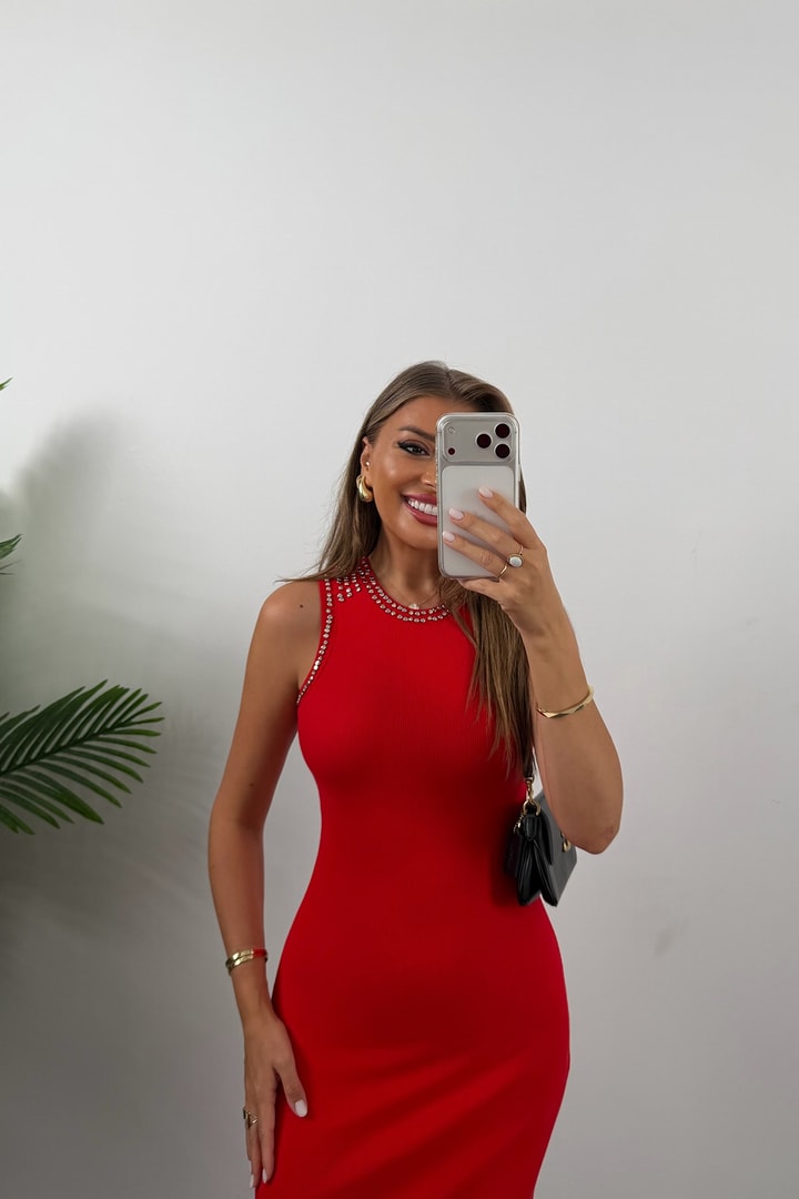 Premium Seri Tam Pamuklu Zımbalı Likralı Maxi Kalem Elbise Kırmızı 