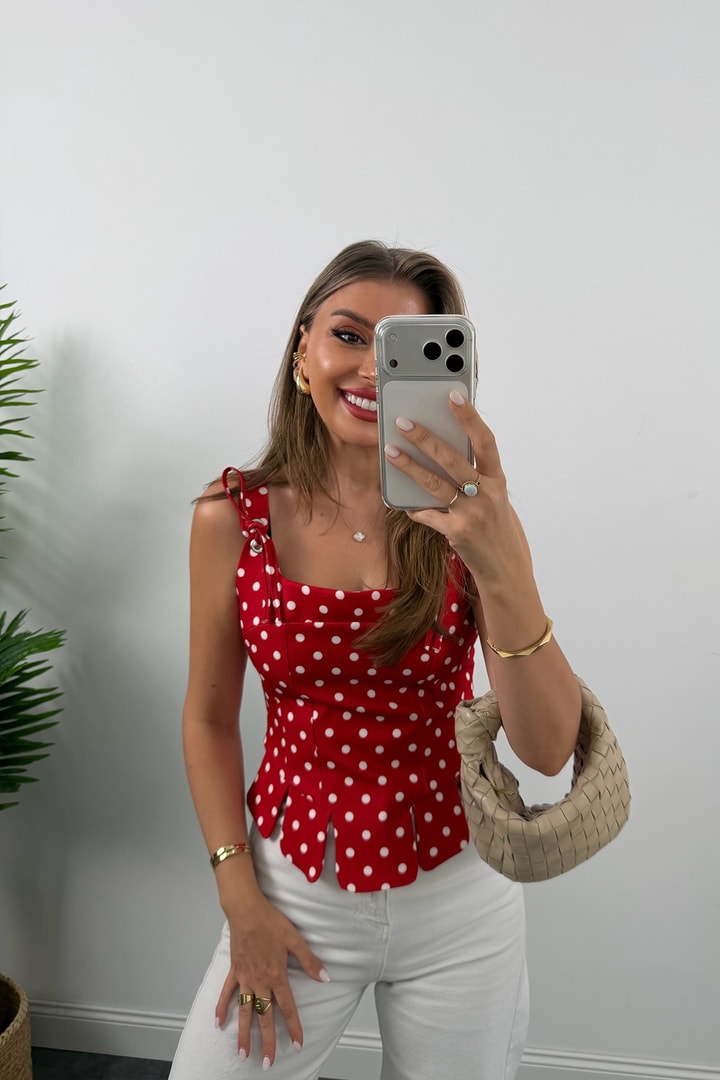 Premium Seri Tasarım Korse Bluz Kırmızı Beyaz Puantiyeli