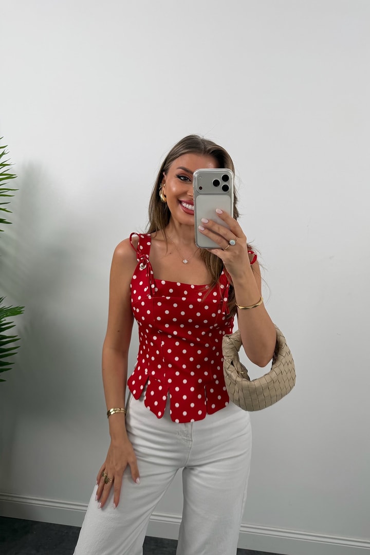 Premium Seri Tasarım Korse Bluz Kırmızı Beyaz Puantiyeli