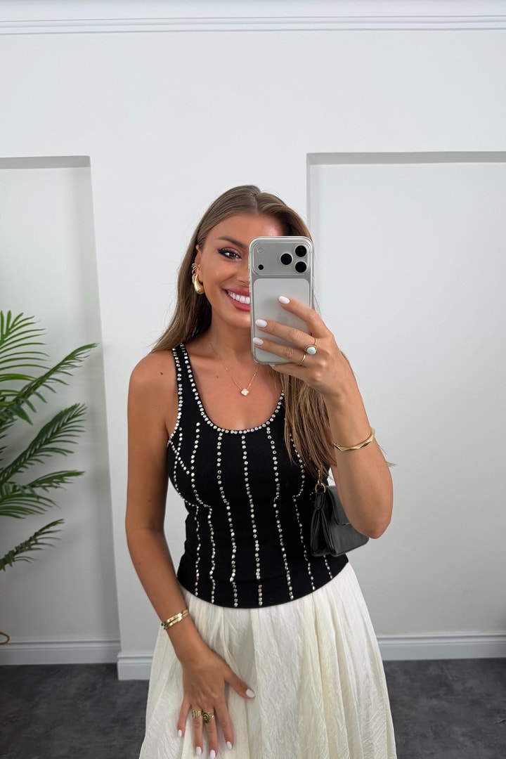Premium Seri Taşlı Zımbalı %100 Pamuk Atlet Siyah