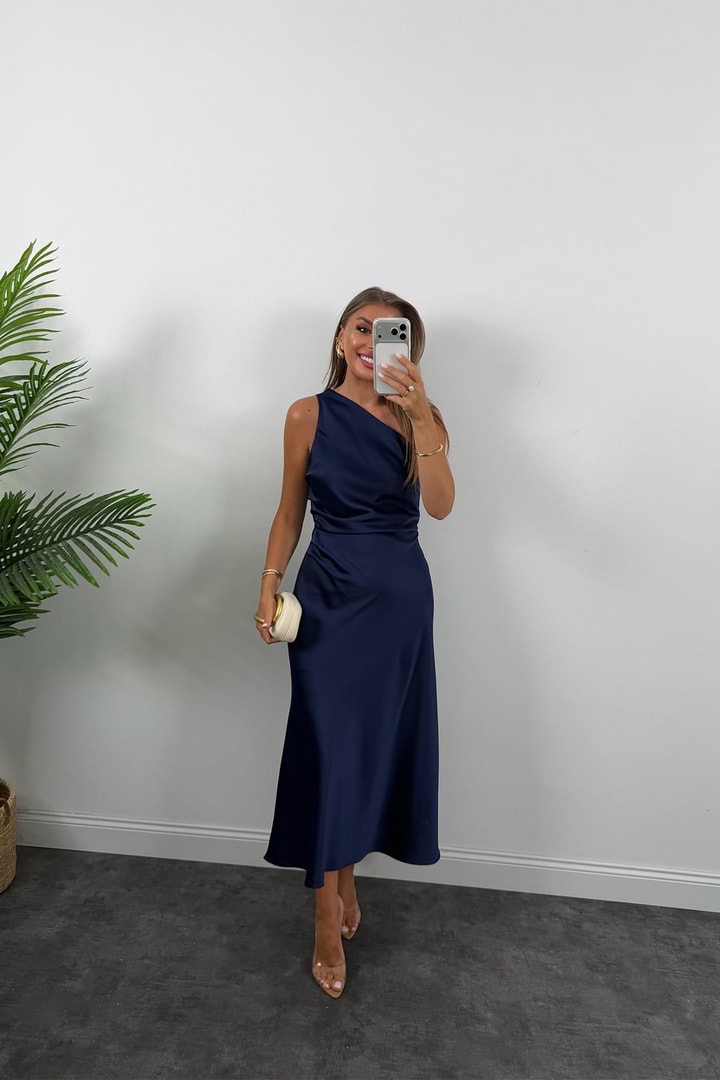 Premium Seri Tek Omuz Saten Maxi Elbise Lacivert  