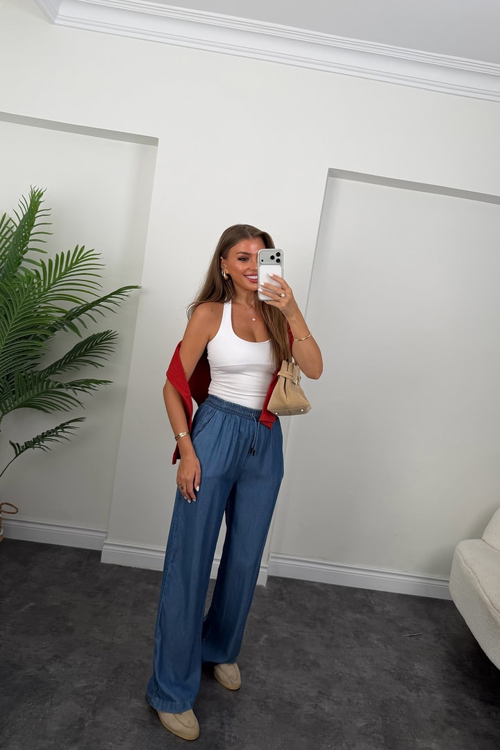 Premium Seri Tensel Jean Palazzo Pantolon Koyu  Mavi