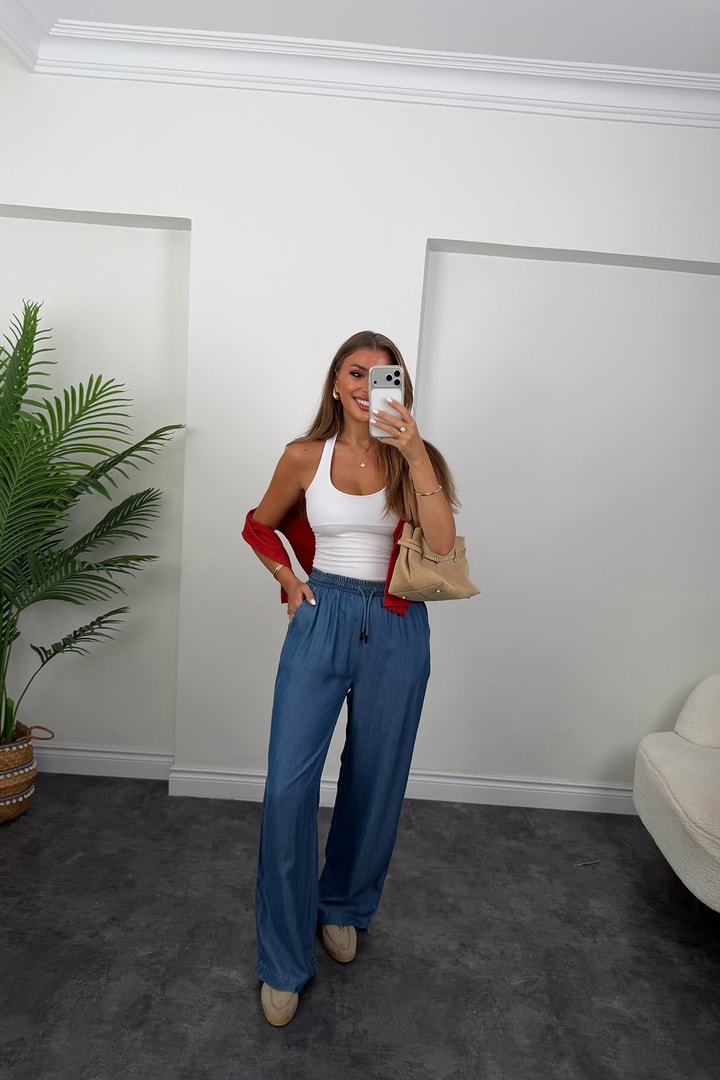 Premium Seri Tensel Jean Palazzo Pantolon Koyu  Mavi