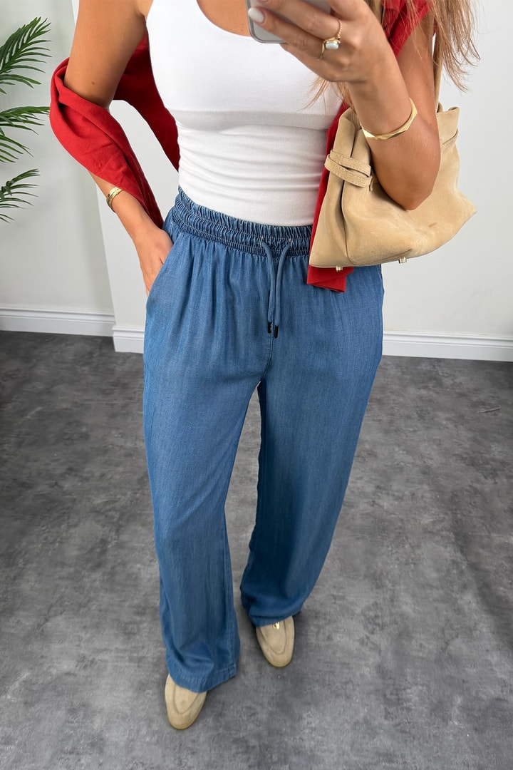 Premium Seri Tensel Jean Palazzo Pantolon Koyu  Mavi
