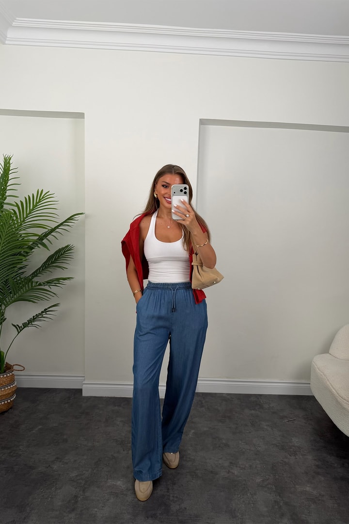Premium Seri Tensel Jean Palazzo Pantolon Koyu  Mavi
