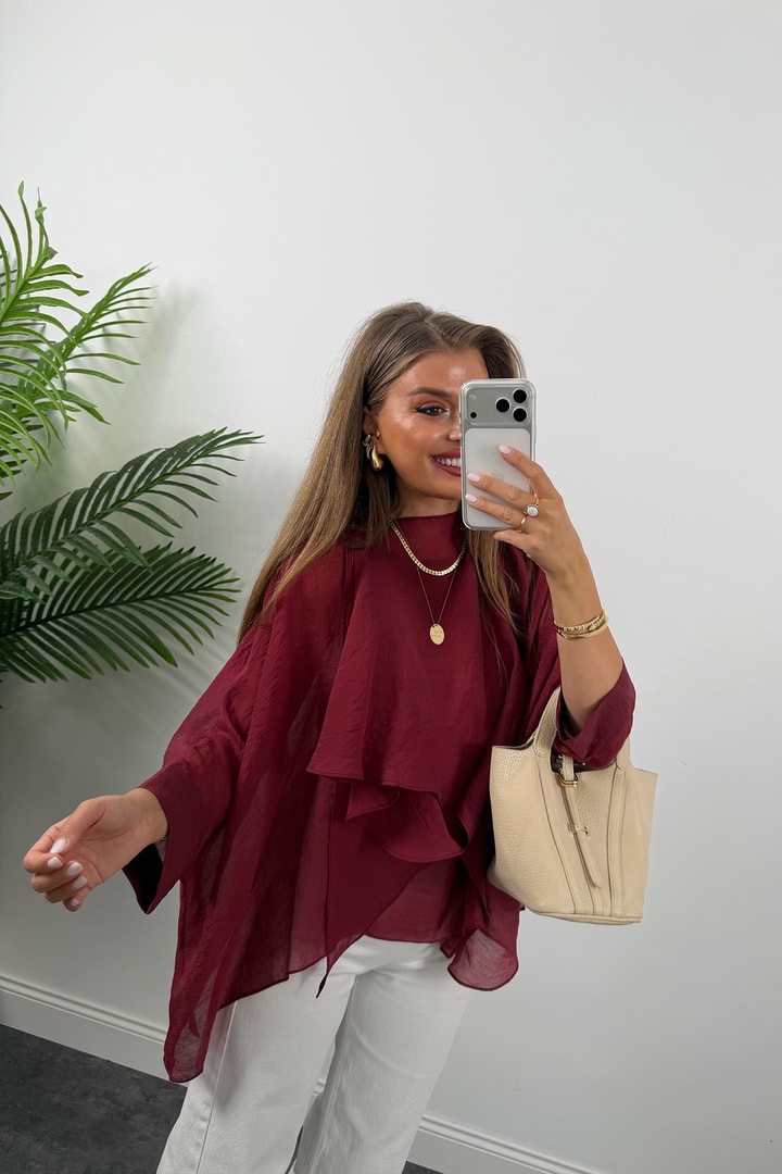 Premium Seri Uçuşan Kumaş Tensel Pelerin Bluz Bordo
