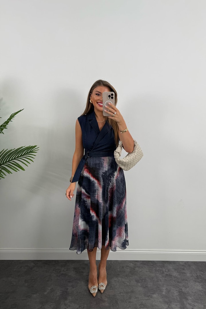 Premium Seri Üstü Jean Altı Şifon Tasarım Midi Boy Elbise