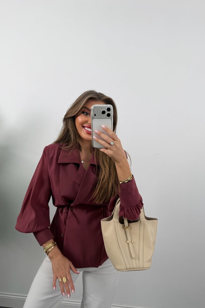Premium Seri Vatkalı Kruvaze Tensel Bluz Bordo