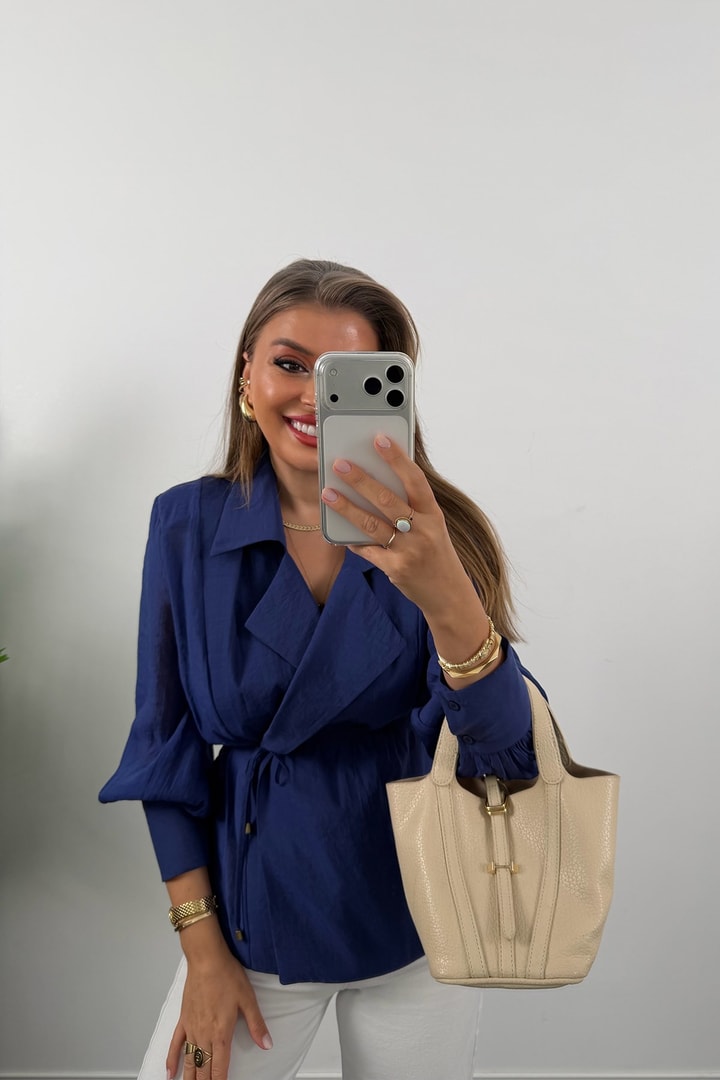 Premium Seri Vatkalı Kruvaze Tensel Bluz Lacivert