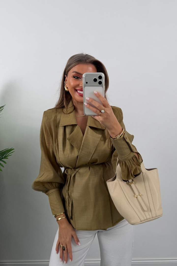 Premium Seri Vatkalı Kruvaze Tensel Bluz Olive