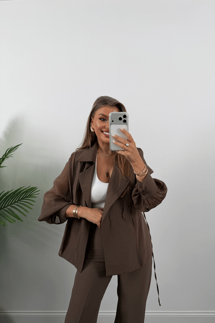 Premium Seri Vatkalı Kruvaze Tensel Bluz Kahverengi