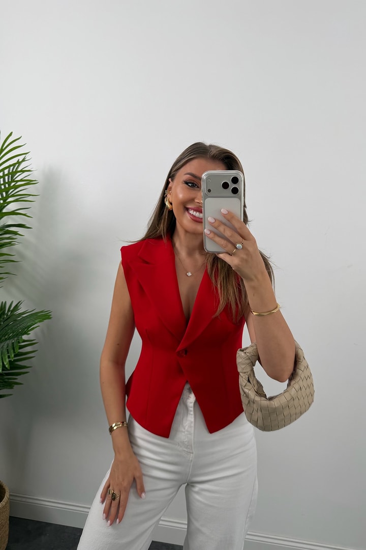 Premium Seri Vatkalı Tek Düğme Yelek Kırmızı
