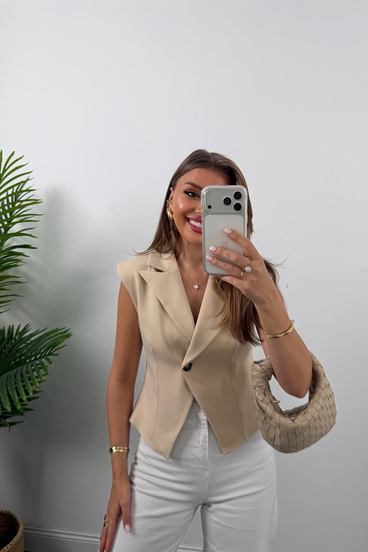 Premium Seri Vatkalı Tek Düğme Yelek Taş