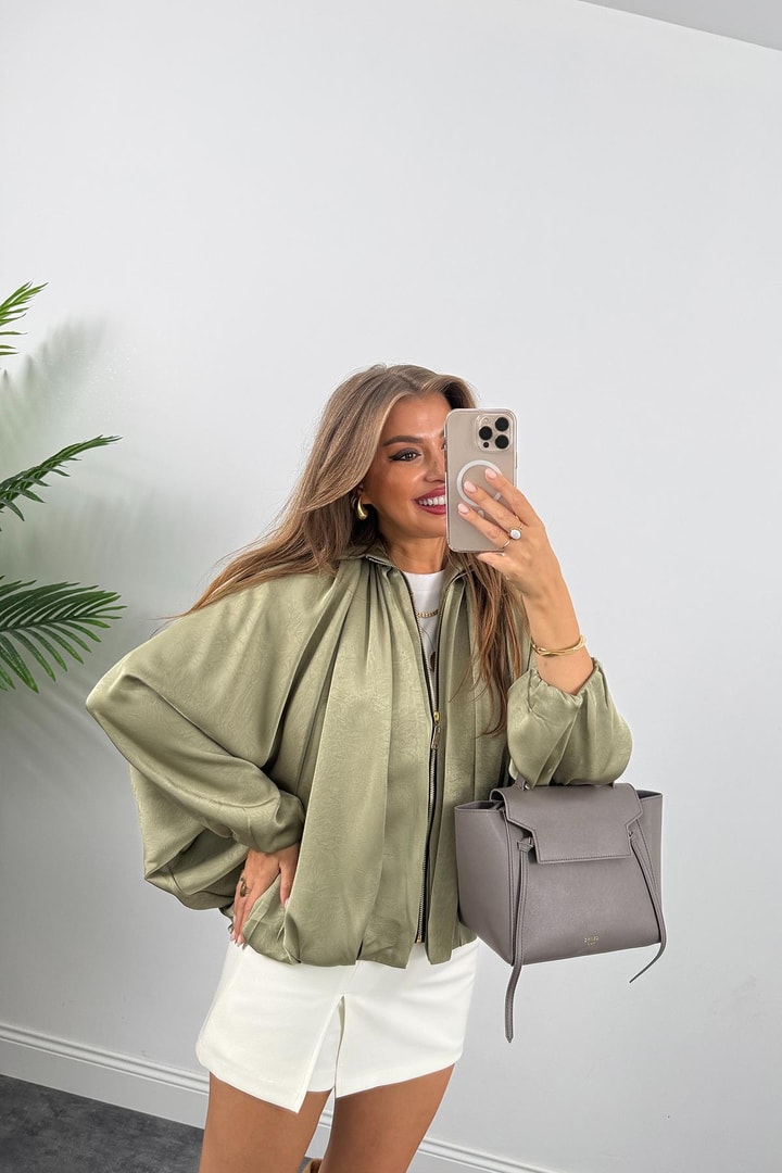 Premium Seri Yarasa Kol Tasarım Saten Bomber Ceket Haki