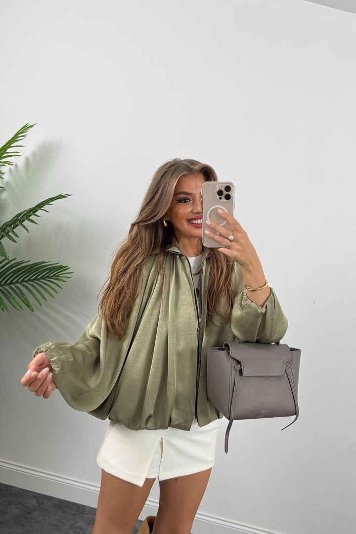 Premium Seri Yarasa Kol Tasarım Saten Bomber Ceket Haki