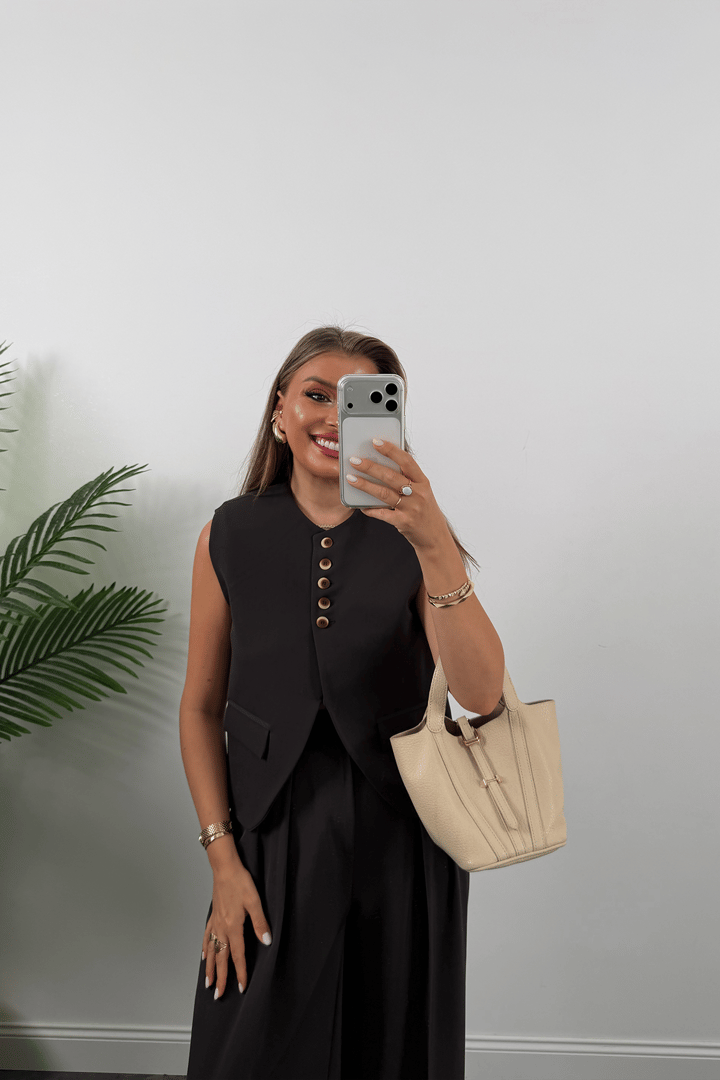 Premium Seri Yelek Palazzo 5 Düğmeli Poliviskon Takım Koyu Kahve