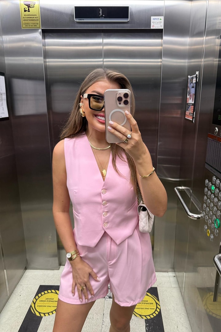Premium Seri Yelek Şort Poliviskon Kumaş Takım Pastel Pembe
