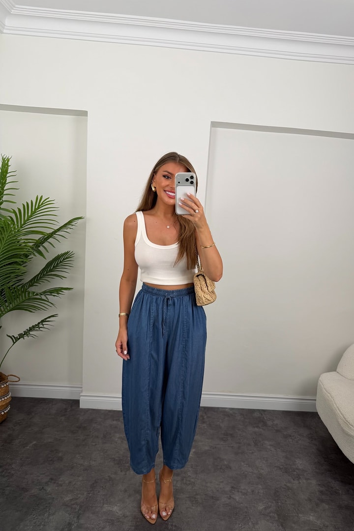 Premium Tensel Jean Harem Pantolon Koyu Mavi 