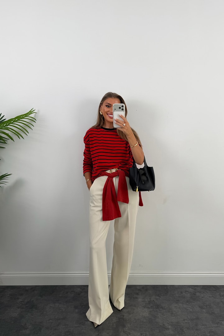 Tam Pamuklu Çizgili Basic Sweat Kırmızı Siyah