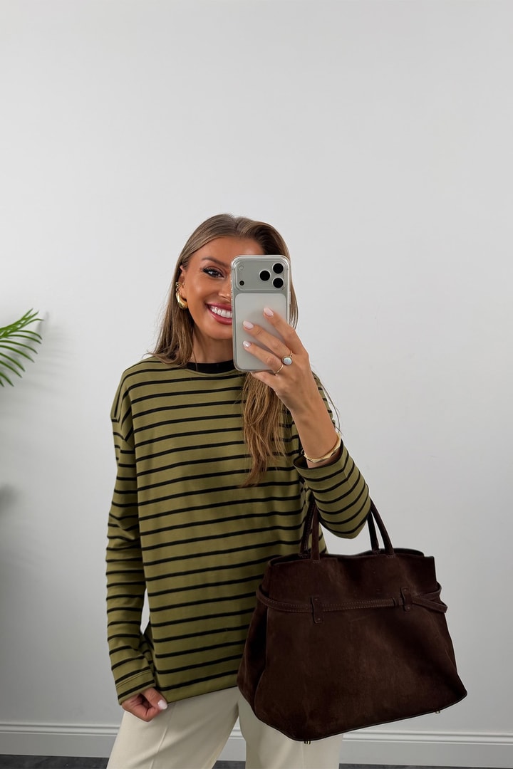 Tam Pamuklu Çizgili Basic Sweat Yeşil Kahve