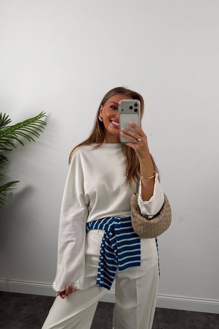 Tam Pamuklu Geniş Kol Basic Sweat Ekru