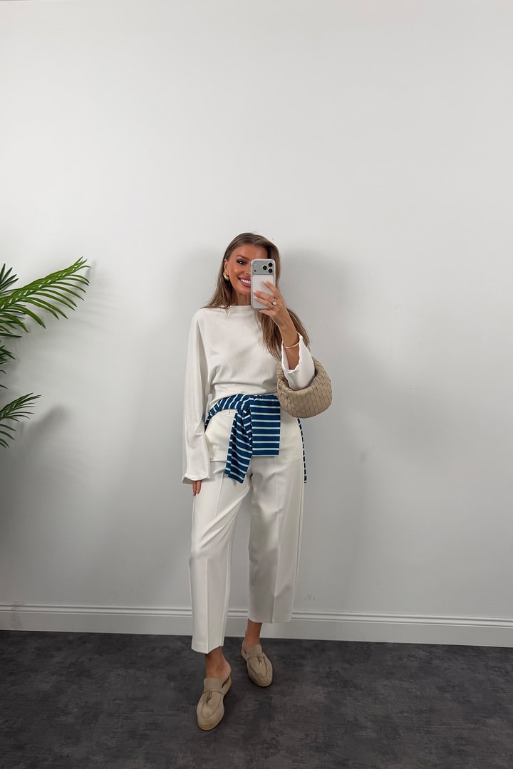 Tam Pamuklu Geniş Kol Basic Sweat Ekru