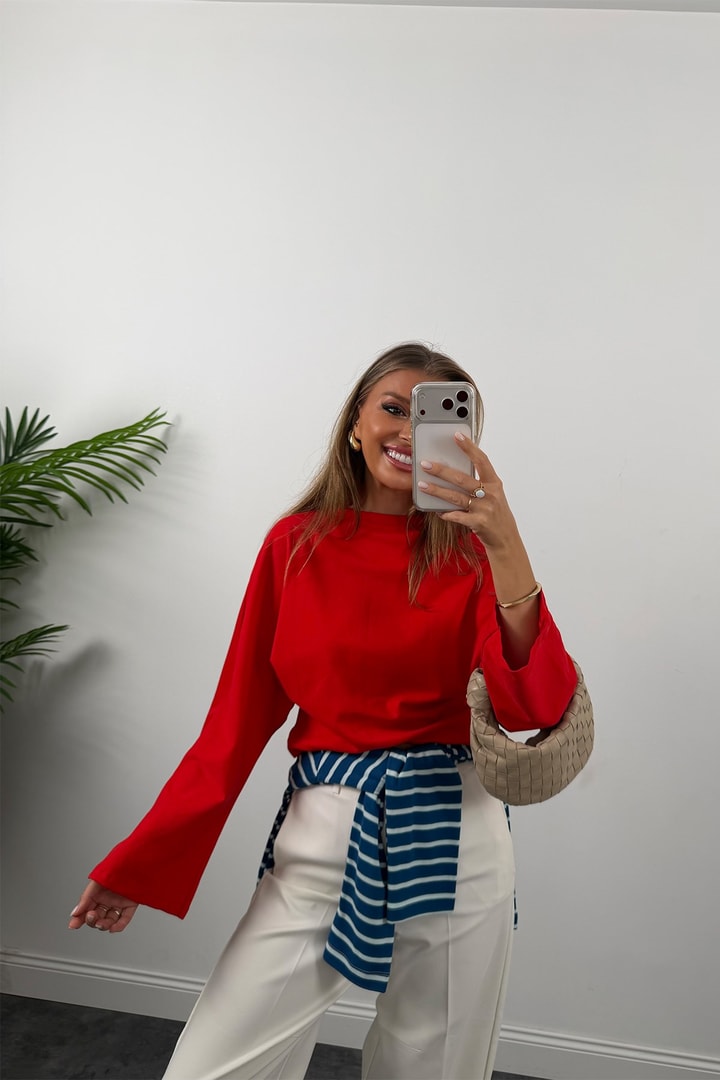 Tam Pamuklu Geniş Kol Basic Sweat Kırmızı
