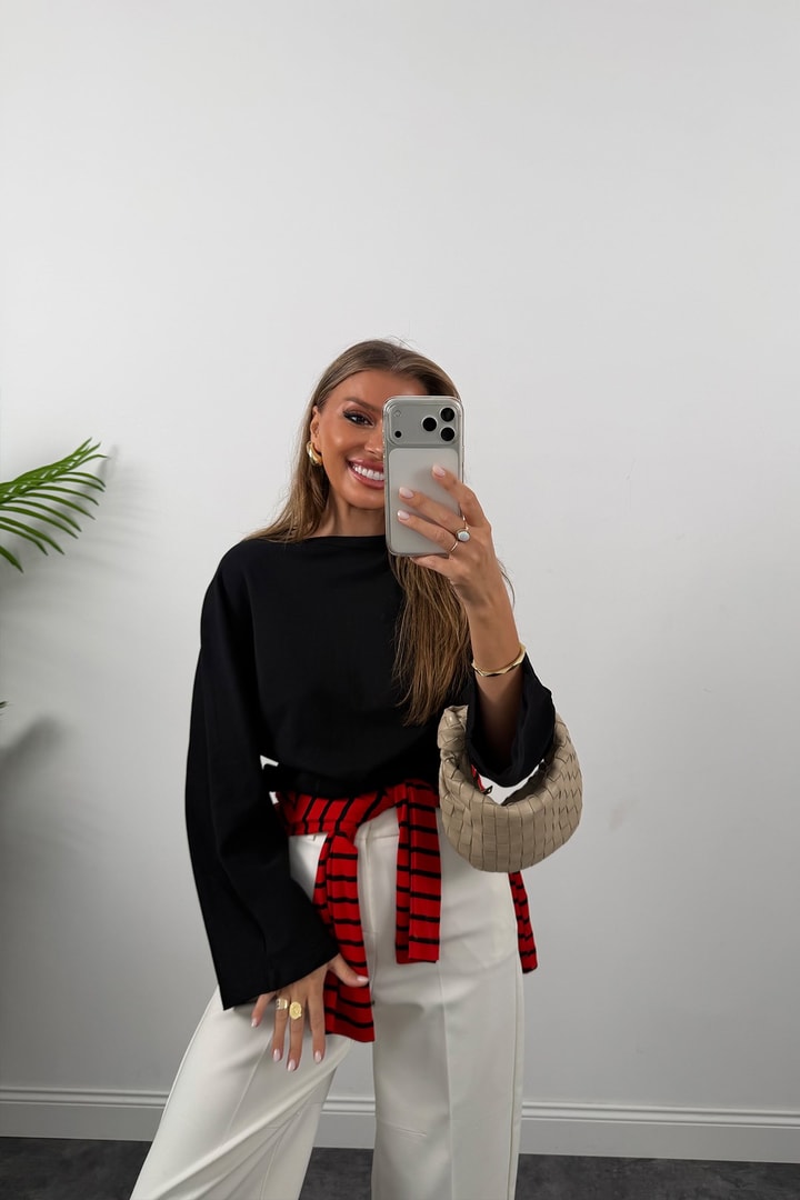 Tam Pamuklu Geniş Kol Basic Sweat Siyah