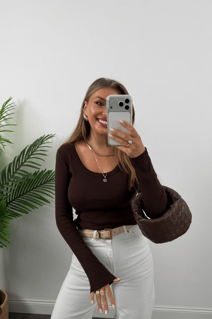 U Yaka %100 Pamuklu Likralı Basic Body Acı Kahve