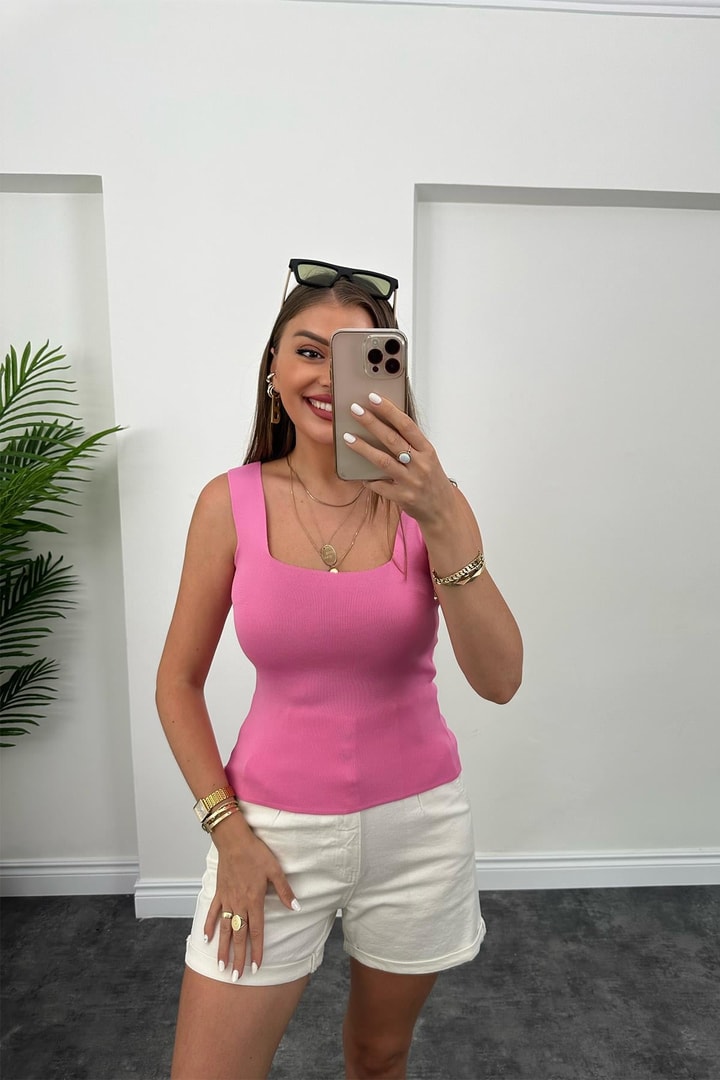 Uzun Boy Elit Triko Kare Yaka Likralı Atlet Pembe
