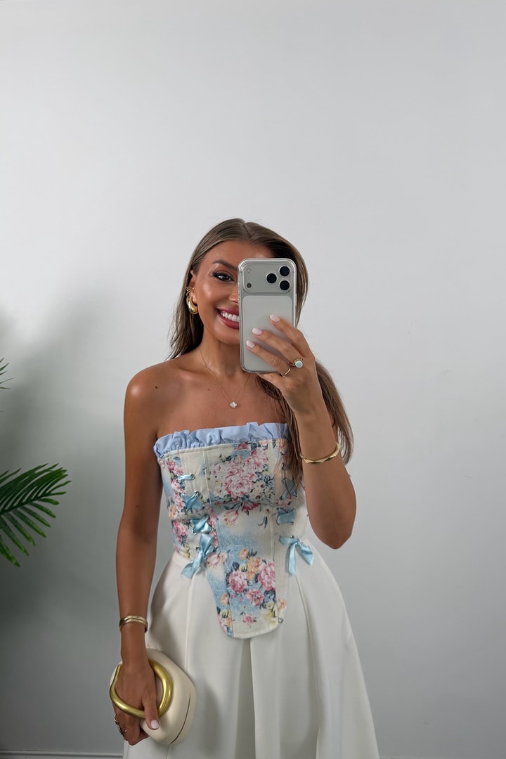 Victoria Tasarım Korse Bluz Mavi Çiçekli