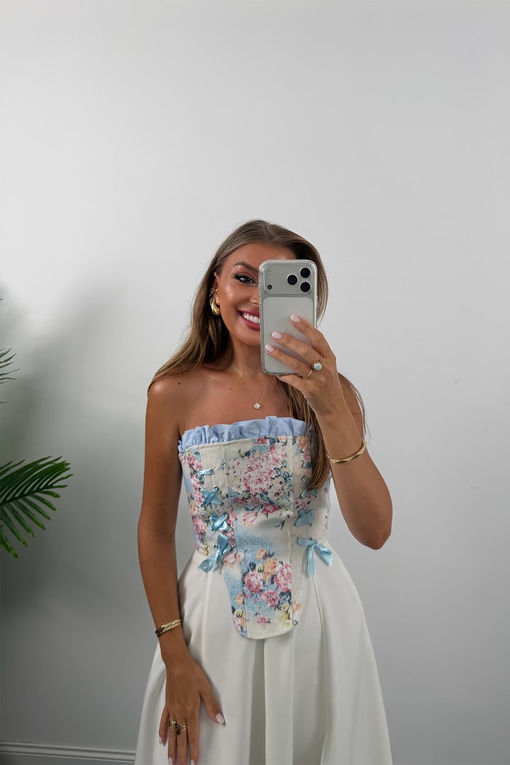 Victoria Tasarım Korse Bluz Mavi Çiçekli