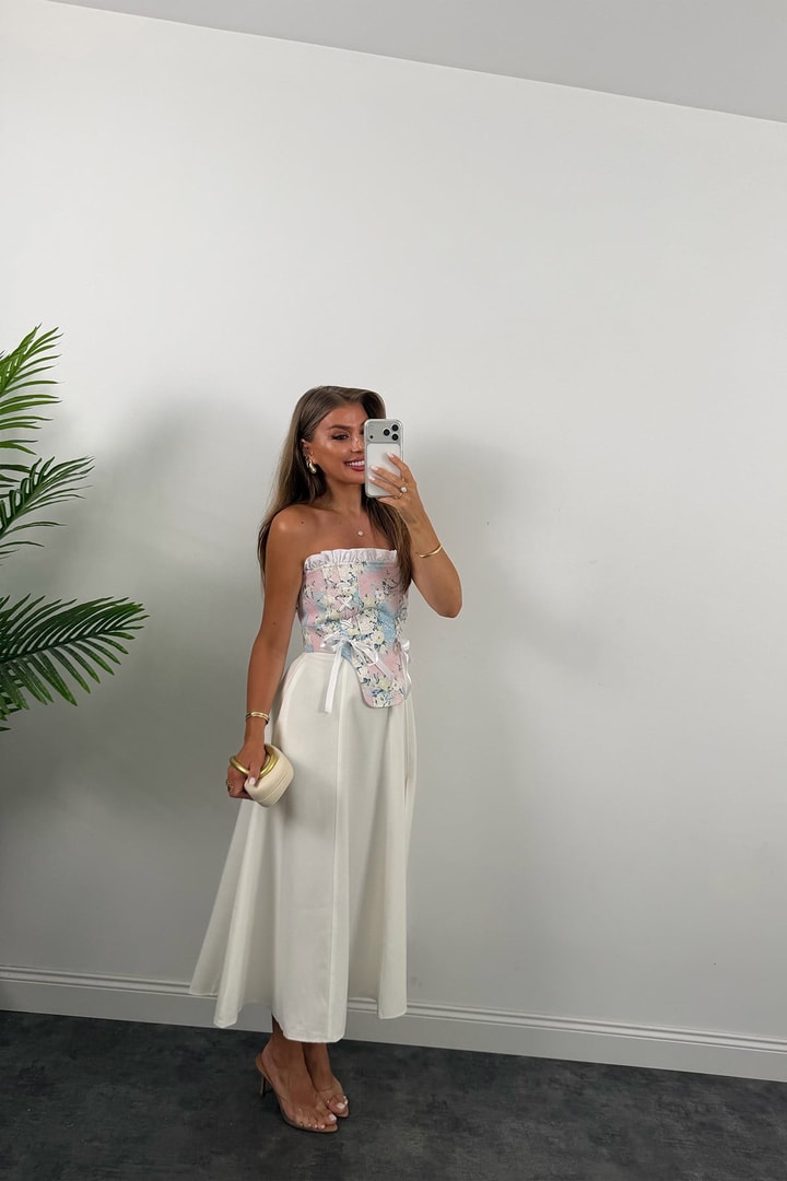 Victoria Tasarım Korse Bluz Pembe Çiçekli